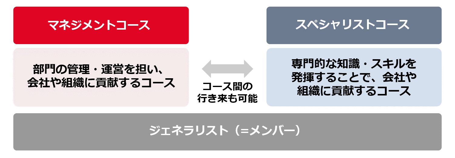 マネジメントコース:部門の管理・運営を担い、会社や組織に貢献するコース スペシャリストコース:専門的な知識・スキルを発揮することで、会社や組織に貢献するコース コース間の行き来も可能 ジェネラリスト(=メンバー)