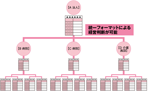 A法人内のB病院、C病院、D介護施設で統一フォーマットを使うことにより、経営判断が可能となります。