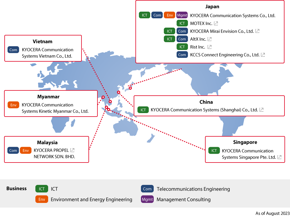 Business : [ICT]ICT, [Com]Telecommunications Engineering, [Env]Environment and Energy Engineering, [Mgmt]Management Consulting / 【JAPAN】[ICT][Com][Env][Mgmt]KYOCERA Communication Systems Co., Ltd., [ICT]MOTEX Inc., [ICT][Com] KYOCERA Mirai Envision Co., Ltd., [ICT][Com]AltX Inc., [ICT]Rist Inc., [Com]KCCS Connect Engineering Co., Ltd. 【China】[ICT]KYOCERA Communication Systems (Shanghai) Co., Ltd.,【Vietnam】[Com]KYOCERA Communication Systems Vietnam Co., Ltd. 【Myanmar】[Env]KYOCERA Communication Systems Kinetic Myanmar Co., Ltd. 【Malaysia】[Com][Env]KYOCERA PROPEL NETWORK SDN. BHD. 【Singapore】[ICT]KYOCERA Communication Systems Singapore Pte. Ltd. As of August 2023