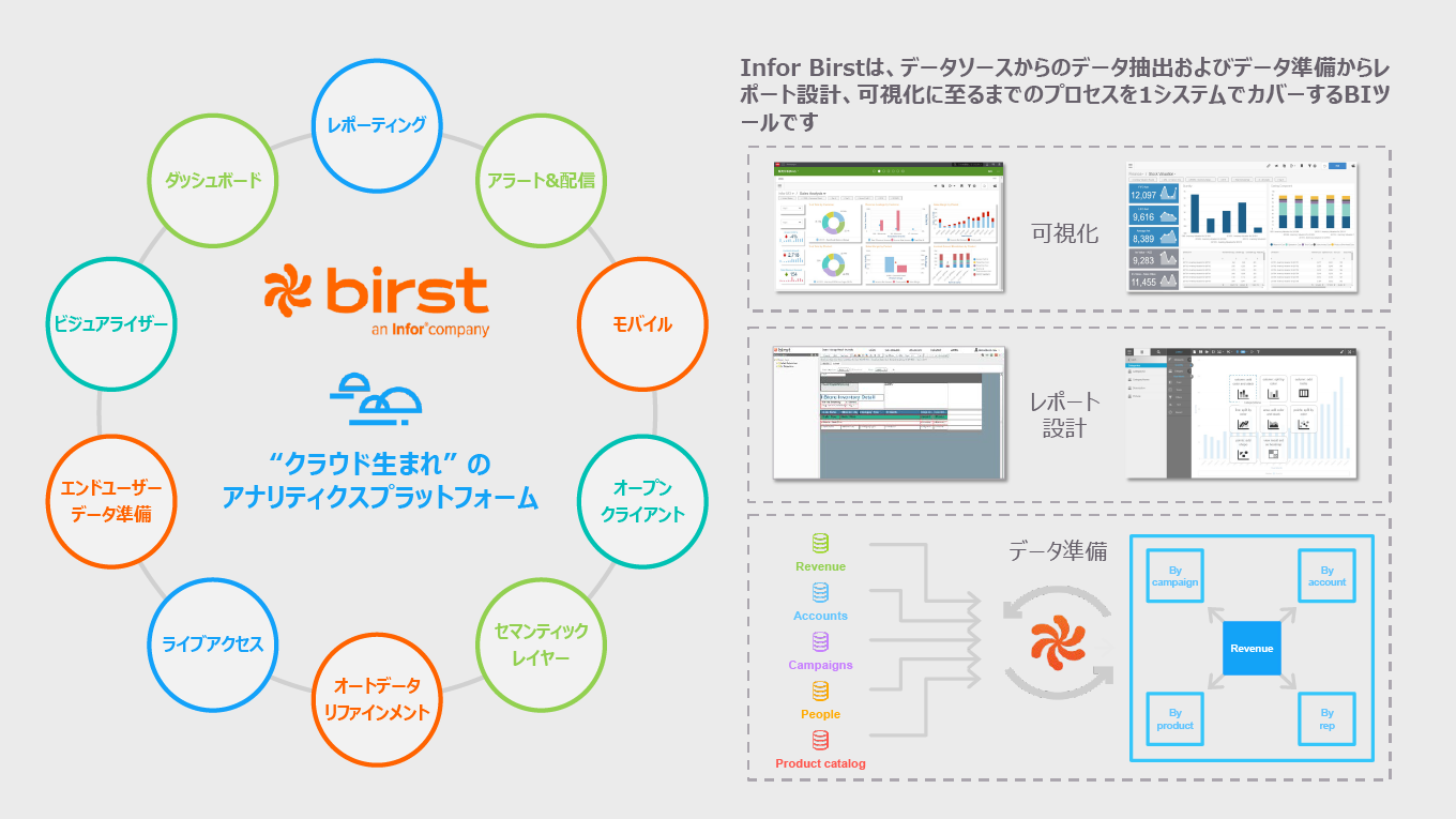 Infor Birstは、データソースからのデータ抽出およびデータ準備からレポート設計、可視化に至るまでのプロセスを1システムでカバーするBIツールです。Infor Birstの機能には、レポーティング、アラート＆配置、モバイル、オープンクライアント、セマンティックレイヤー、オートデータリファインメント、ライブアクセス、エンドユーザーデータ準備、ビジュアルライザー、ダッシュボードが含まれます。