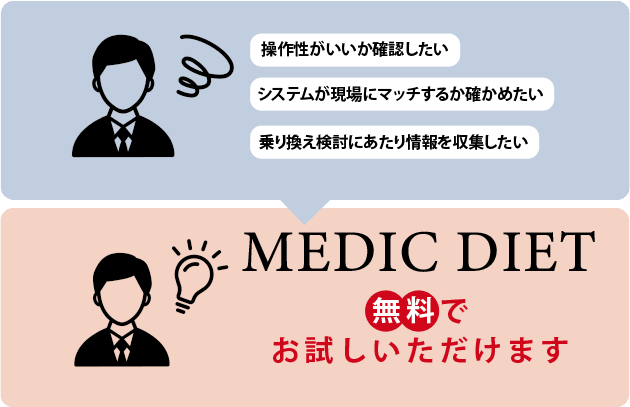 操作性がいいか確認したい、システムが現場にマッチするか確かめたい、乗り換え検討にあたり情報を収集したい MEDIC DIET 無料でお試しいただけます