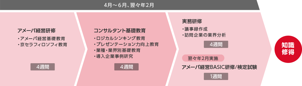 4月～6月、翌々年2月：アメーバ経営研修（4週間） ・アメーバ経営基礎教育 ・京セラフィロソフィ教育 コンサルタント基礎教育（4週間） ・ロジカルシンキング教育 ・プレゼンテーション力向上教育 ・業種・業界別基礎教育 ・導入企業事例研究 実務研修（4週間） ・議事録作成 ・訪問企業の業界分析 【翌々年2月実施】（1週間） アメーバ経営BASIC研修/検定試験 知識修得